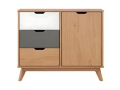 Scandik Commode , Buffet 1 Porte, 3 Tiroirs Miel,blanc,gris.