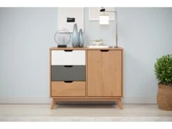 Scandik Commode , Buffet 1 Porte, 3 Tiroirs Miel,blanc,gris. -Meubles Soldes Boutique commode 22113411