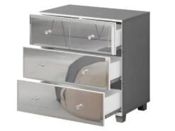 Commode 4 Tiroirs Corps Gris Et Façades Recouvertes De Miroirs Collection LUXOR.