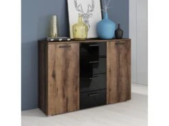 Commode Design 2 Portes Et 4 Tiroirs 130cm. Collection FLOYD Coloris Chêne Foncé Et Noir Brillant -Meubles Soldes Boutique commode 9560401