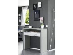Table Console Billings, Bureau Avec Plateau Extensible, Bureau PC Avec 2 Tiroirs, 99x36h88 Cm, Ciment Et Blanc -Meubles Soldes Boutique console 10782585
