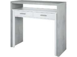 Table Console Billings, Bureau Avec Plateau Extensible, Bureau PC Avec 2 Tiroirs, 99x36h88 Cm, Ciment Et Blanc -Meubles Soldes Boutique console 10782587