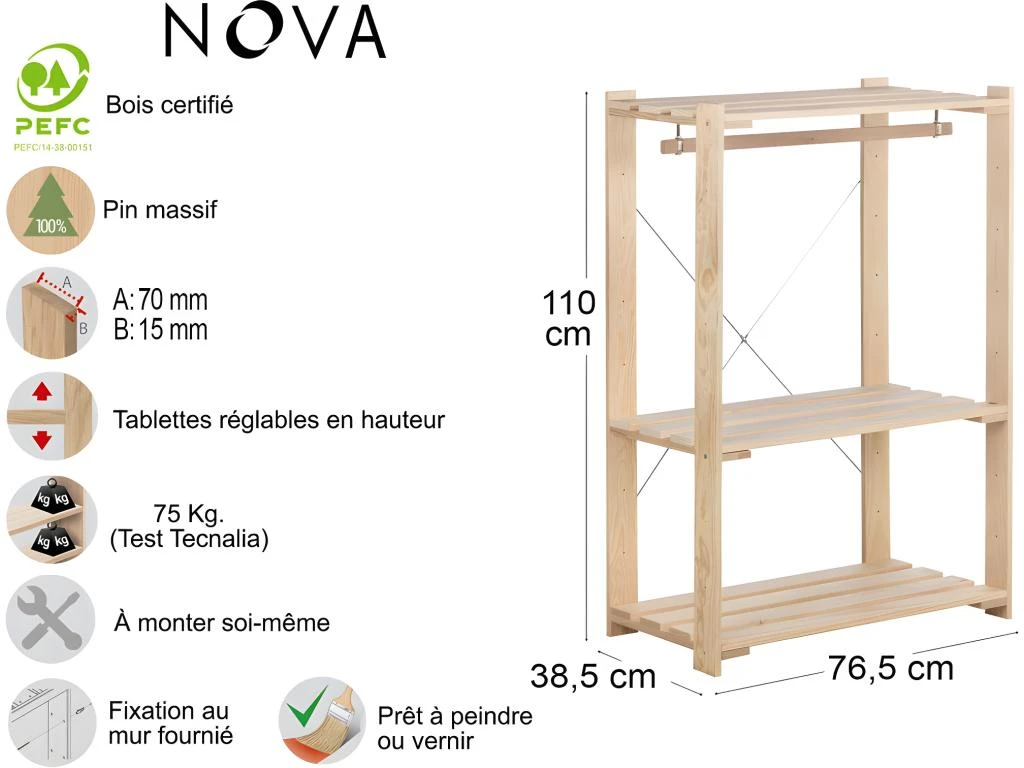 Penderie En Pin Massif Nova 76.5 X 38.5 X 110 Cm 5 Penderie En Pin Massif Nova 76.5 X 38.5 X 110 Cm – Image 3