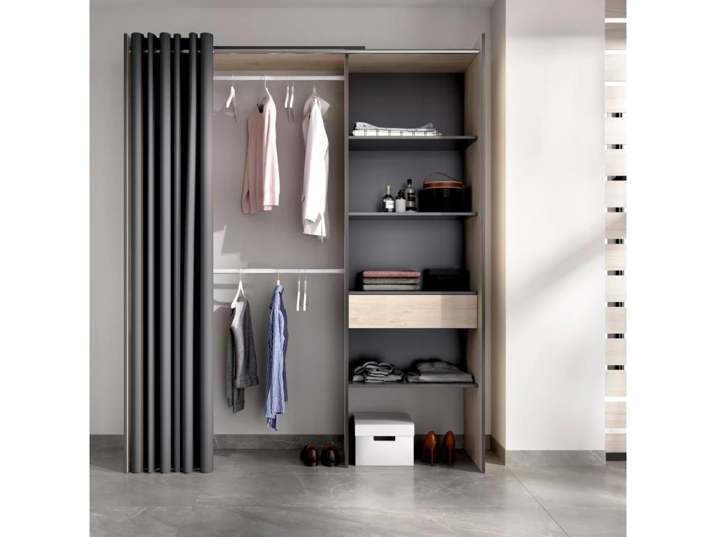 Armoire Dober, Structure Pour Dressing Avec Rideau, Portemanteau Ouvert, 160x50h205 Cm, Chêne Et Anthracite 4 Armoire Dober, Structure Pour Dressing Avec Rideau, Portemanteau Ouvert, 160x50h205 Cm, Chêne Et Anthracite – Image 2