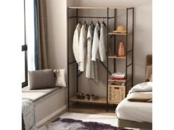 Penderie Portant à Vêtements Style Industriel En Métal Avec Tringle Et 4 étagères - Dim. 100L X 46L X 170,5H Cm - Métal Aspect Chêne Clair