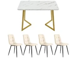 Ensemble Table Et 4 Chaises - Table Dorée 117x68cm - Structure En Métal - Chaise En Velours Beige -Meubles Soldes Boutique ensemble table et chaise 22720853