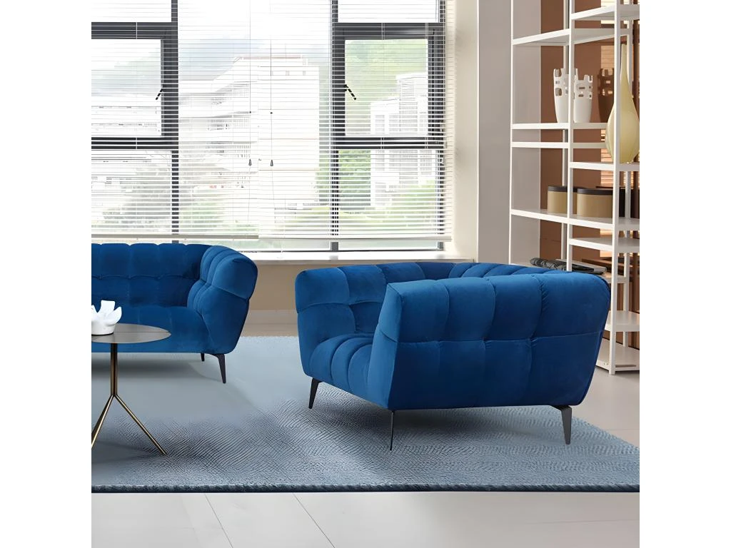 Fauteuil Velours Bleu Capitonné Avec Piètement Métal Noir - BRIO 4 Fauteuil Velours Bleu Capitonné Avec Piètement Métal Noir - BRIO – Image 2