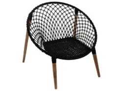 Fauteuil Tressé En Coton Noir Et Pieds En Bois De Manguier