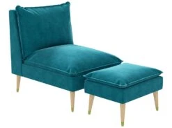 Fauteuil Design Scandinave Grand Confort - Repose-pied Inclus - Piètement Effilé Incliné Bois Hévéa Velours Turquoise -Meubles Soldes Boutique fauteuil 22963249