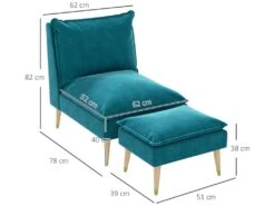 Fauteuil Design Scandinave Grand Confort - Repose-pied Inclus - Piètement Effilé Incliné Bois Hévéa Velours Turquoise -Meubles Soldes Boutique fauteuil 22963251