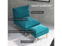Fauteuil Design Scandinave Grand Confort - Repose-pied Inclus - Piètement Effilé Incliné Bois Hévéa Velours Turquoise -Meubles Soldes Boutique fauteuil 22963255