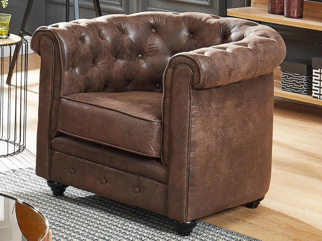 Fauteuil CHESTERFIELD En Microfibre Aspect Cuir Vieilli 3 Fauteuil CHESTERFIELD En Microfibre Aspect Cuir Vieilli