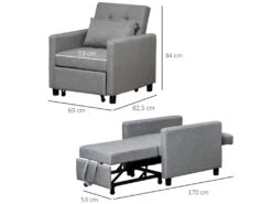 Fauteuil Chauffeuse Canapé-lit Convertible 1 Place Dossier Inclinable 3 Positions Coussin Inclus Polyester Coton Gris -Meubles Soldes Boutique fauteuil 8908529