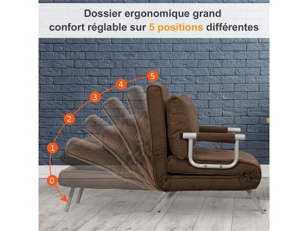 Fauteuil Chauffeuse Canapé-lit Convertible 1 Place Déhoussable Grand Confort Coussin Pieds Accoudoirs Métal Suède Marron 6 Fauteuil Chauffeuse Canapé-lit Convertible 1 Place Déhoussable Grand Confort Coussin Pieds Accoudoirs Métal Suède Marron – Image 4