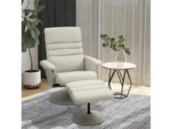 Fauteuil Relax Inclinable Pivotant Contemporain Avec Repose-pieds Grand Confort Revêtement Synthétique Crème