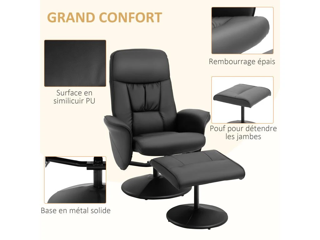 Fauteuil Relax Inclinable Pivotant Style Contemporain Avec Repose-pied Revêtement Synthétique Noir 7 Fauteuil Relax Inclinable Pivotant Style Contemporain Avec Repose-pied Revêtement Synthétique Noir – Image 5