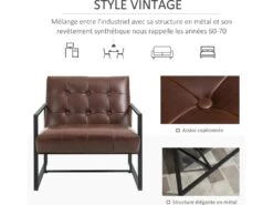 Fauteuil Lounge Chesterfield Assise Dossier Capitonnés Structure Métal Noir Revêtement Synthétique Chocolat -Meubles Soldes Boutique fauteuil 9488365