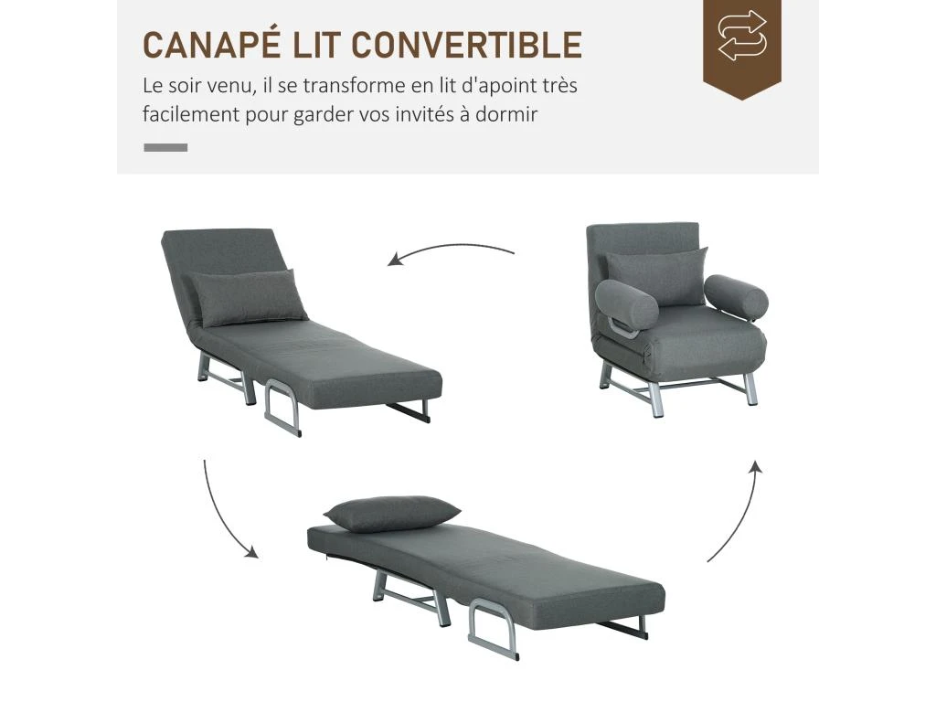 Fauteuil Chauffeuse Canapé-lit Convertible Inclinable 1 Place Grand Confort Coussin Lombaires Accoudoirs Piètement Métal Lin Gris Foncé 7 Fauteuil Chauffeuse Canapé-lit Convertible Inclinable 1 Place Grand Confort Coussin Lombaires Accoudoirs Piètement Métal Lin Gris Foncé – Image 5