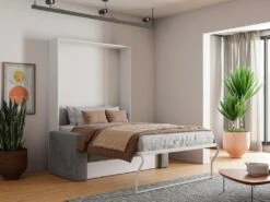 Lit Escamotable Canapé 140 X 200 Cm - Ouverture Verticale Manuelle - Blanc Et Gris - VACIALA II