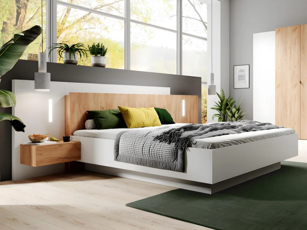 Lit Avec Chevets 160 X 200 Cm - 2 Tiroirs - Avec LEDs - Coloris : Blanc Et Naturel - FRANCOLI 4 Lit Avec Chevets 160 X 200 Cm - 2 Tiroirs - Avec LEDs - Coloris : Blanc Et Naturel - FRANCOLI – Image 2