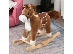 Cheval à Bascule Selle Grand Confort Peluche Courte Douce Bois Peuplier Brun Dim. 65L X 32,5l X 61H Cm