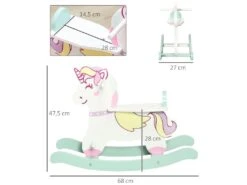 Cheval à Bascule Licorne En Bois - Jeu à Bascule Bois - Poignées Repose-pied Butées - MDF Blanc Vert Rose -Meubles Soldes Boutique meuble bebe 8850387