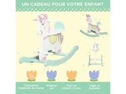Cheval à Bascule Licorne En Bois - Jeu à Bascule Bois - Poignées Repose-pied Butées - MDF Blanc Vert Rose -Meubles Soldes Boutique meuble bebe 8850391