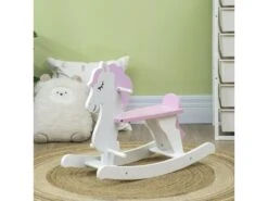 Cheval à Bascule Licorne En Bois - Jeu à Bascule Bois - Poignées Repose-pied Butées - MDF Bois De Pin Blanc Rose