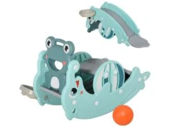 Cheval à Bascule Grenouille 3 En 1 Toboggan Panier Basket 3 à 5 Ans Dim. 72L X 34l X 47H Cm Bleu Turquoise