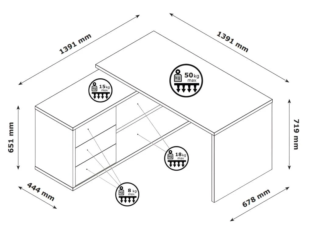 Bureau D'angle 139 Cm Finition Chêne Et Blanc Laqué 3 Tiroirs - ETHEL 6 Bureau D'angle 139 Cm Finition Chêne Et Blanc Laqué 3 Tiroirs - ETHEL – Image 4