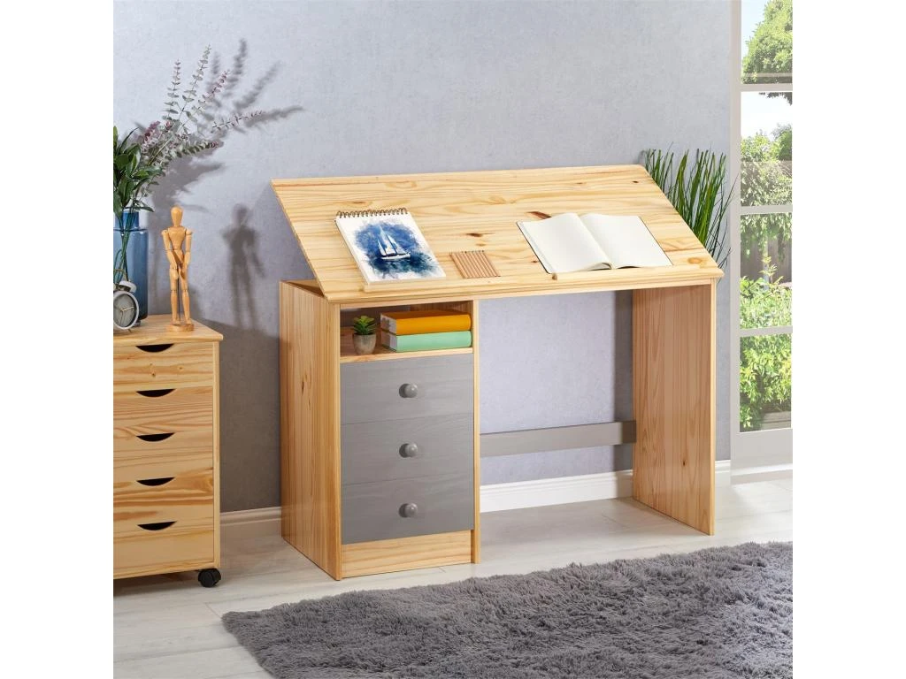 Bureau Enfant écolier Junior KEVIN Pupitre Inclinable Avec 3 Tiroirs 1 Casier En Pin Massif Vernis Naturel Et Lasuré Gris 4 Bureau Enfant écolier Junior KEVIN Pupitre Inclinable Avec 3 Tiroirs 1 Casier En Pin Massif Vernis Naturel Et Lasuré Gris – Image 2