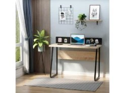 Bureau Secrétaire Style Industriel Dim. 110L X 48l X 90H Cm Châssis Métal Noir Plateau Support Panneaux Particules Chêne Clair