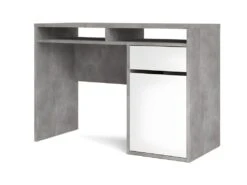 Plus Bureau Avec 1 Porte, 1 Tiroir Et 2 Tablettes De Rangement, Finition Béton/blanc Brillant.