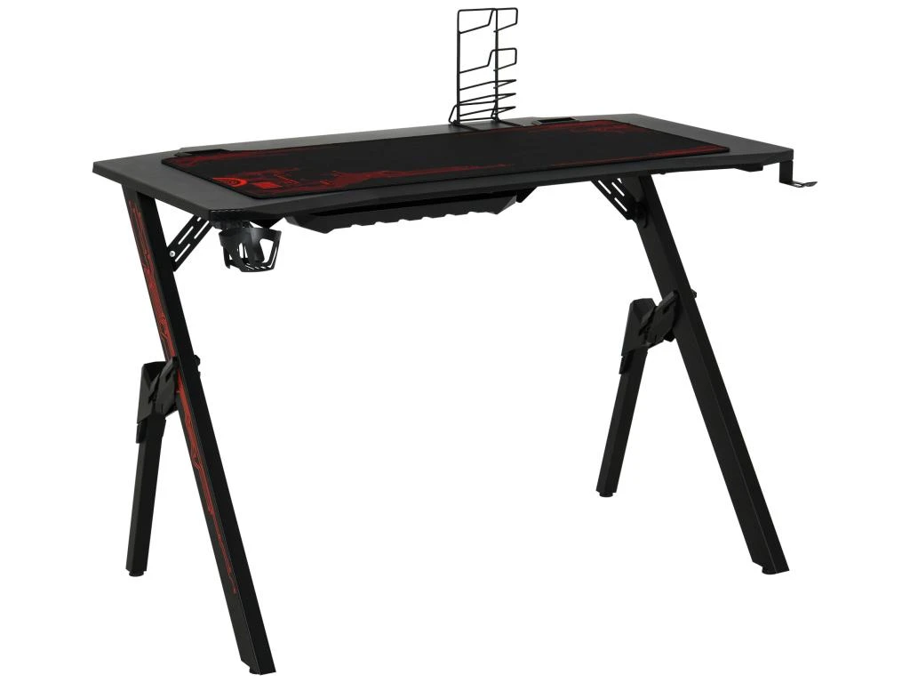 HOMCOM Bureau Gaming Bureau Gamer Bureau Informatique Bracket Support Casque Porte-gobelet Et Tapis Souris Fournis Métal MDF Noir Rouge 4 HOMCOM Bureau Gaming Bureau Gamer Bureau Informatique Bracket Support Casque Porte-gobelet Et Tapis Souris Fournis Métal MDF Noir Rouge – Image 2