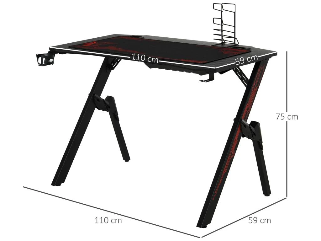 HOMCOM Bureau Gaming Bureau Gamer Bureau Informatique Bracket Support Casque Porte-gobelet Et Tapis Souris Fournis Métal MDF Noir Rouge 5 HOMCOM Bureau Gaming Bureau Gamer Bureau Informatique Bracket Support Casque Porte-gobelet Et Tapis Souris Fournis Métal MDF Noir Rouge – Image 3