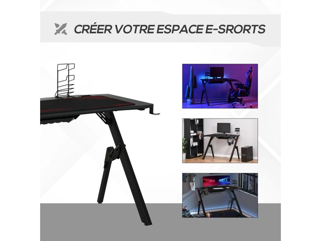 HOMCOM Bureau Gaming Bureau Gamer Bureau Informatique Bracket Support Casque Porte-gobelet Et Tapis Souris Fournis Métal MDF Noir Rouge 6 HOMCOM Bureau Gaming Bureau Gamer Bureau Informatique Bracket Support Casque Porte-gobelet Et Tapis Souris Fournis Métal MDF Noir Rouge – Image 4