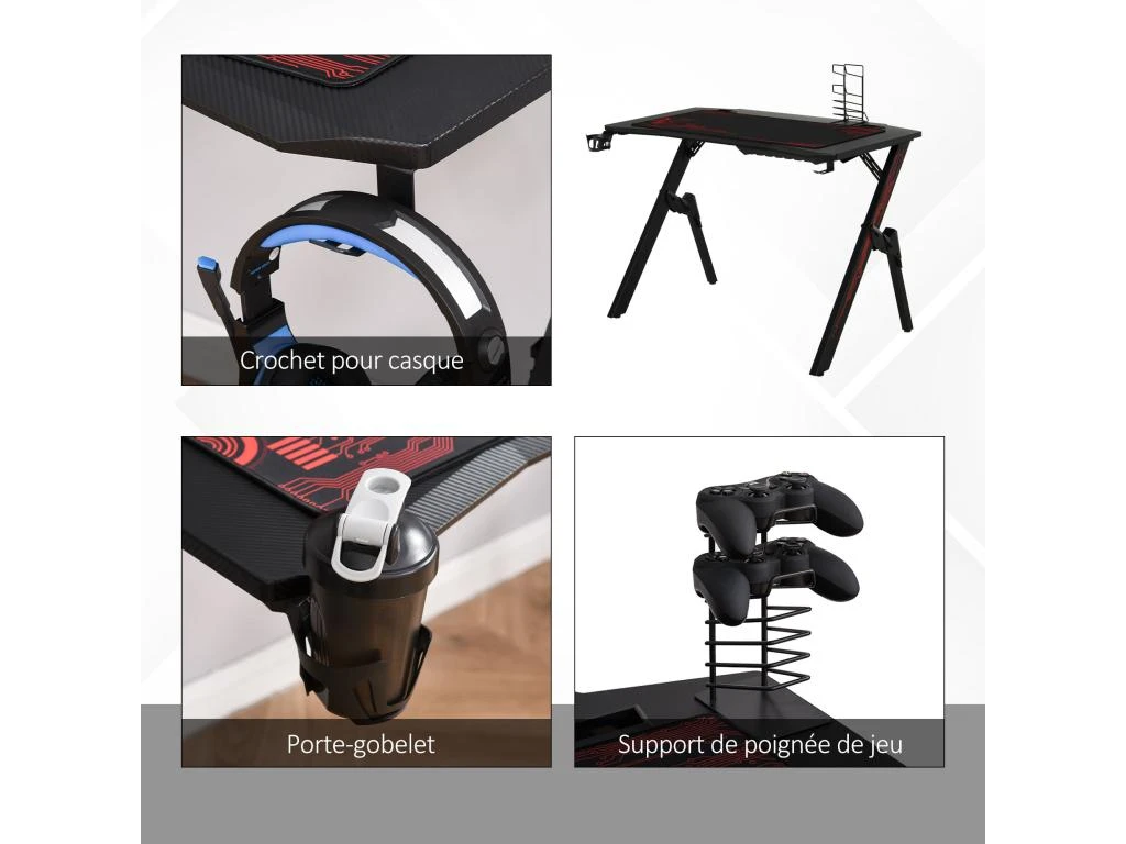 HOMCOM Bureau Gaming Bureau Gamer Bureau Informatique Bracket Support Casque Porte-gobelet Et Tapis Souris Fournis Métal MDF Noir Rouge 7 HOMCOM Bureau Gaming Bureau Gamer Bureau Informatique Bracket Support Casque Porte-gobelet Et Tapis Souris Fournis Métal MDF Noir Rouge – Image 5