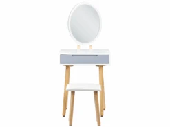 Coiffeuse Blanc Et Gris Avec 1 Tiroir Un Miroir à LED Et Un Tabouret VESOUL -Meubles Soldes Boutique meuble coiffeuse 18218763