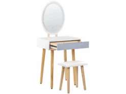 Coiffeuse Blanc Et Gris Avec 1 Tiroir Un Miroir à LED Et Un Tabouret VESOUL -Meubles Soldes Boutique meuble coiffeuse 18218765