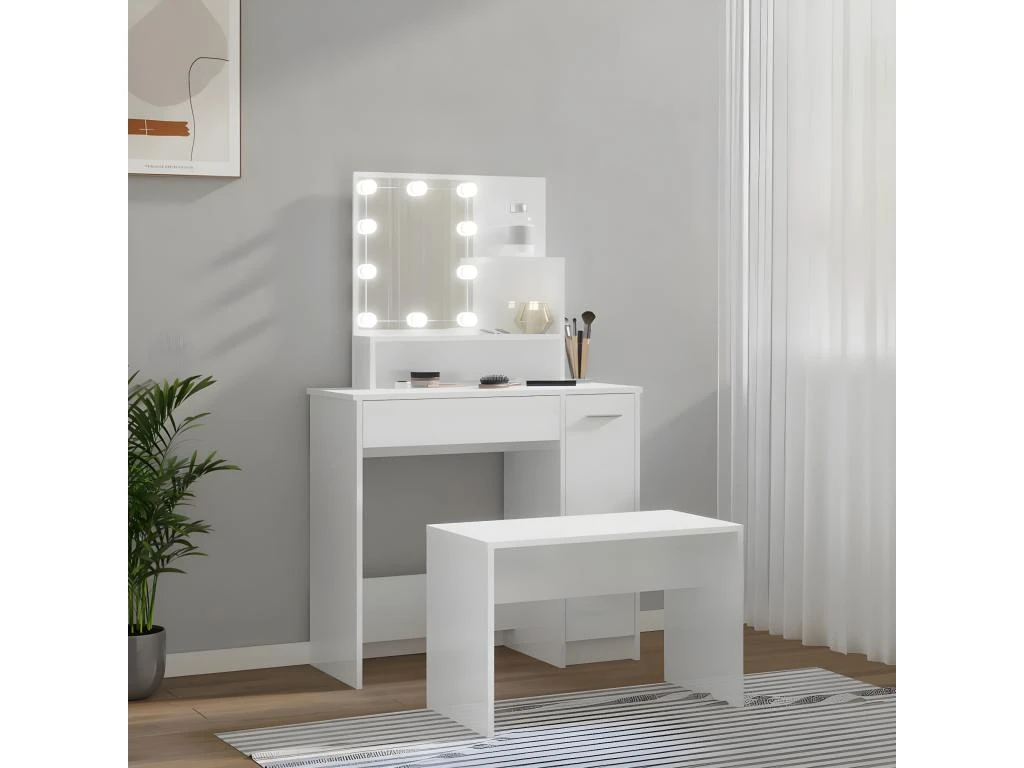 Ensemble De Coiffeuse Avec LED Blanc Brillant Bois D'ingénierie 6 Ensemble De Coiffeuse Avec LED Blanc Brillant Bois D'ingénierie – Image 4