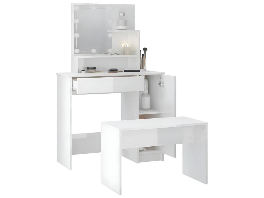 Ensemble De Coiffeuse Avec LED Blanc Brillant Bois D'ingénierie 7 Ensemble De Coiffeuse Avec LED Blanc Brillant Bois D'ingénierie – Image 5