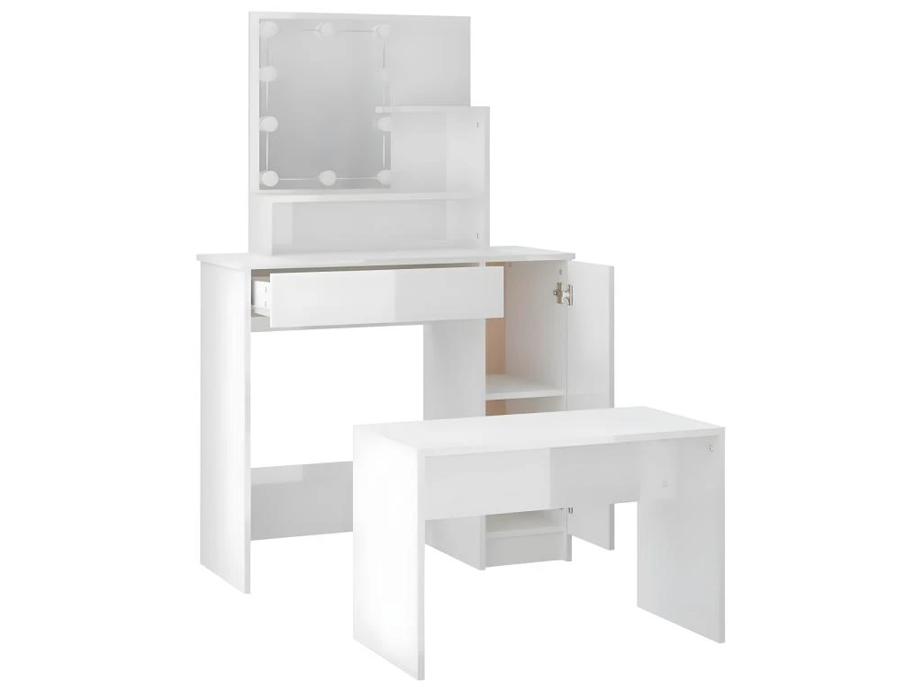 Ensemble De Coiffeuse Avec LED Blanc Brillant Bois D'ingénierie 9 Ensemble De Coiffeuse Avec LED Blanc Brillant Bois D'ingénierie – Image 7