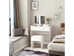 Coiffeuse Table De Maquillage Design Contemporain 80L X 40l X 79H Cm Miroir Escamotable, Tiroir, Coffre + Tabouret Blanc