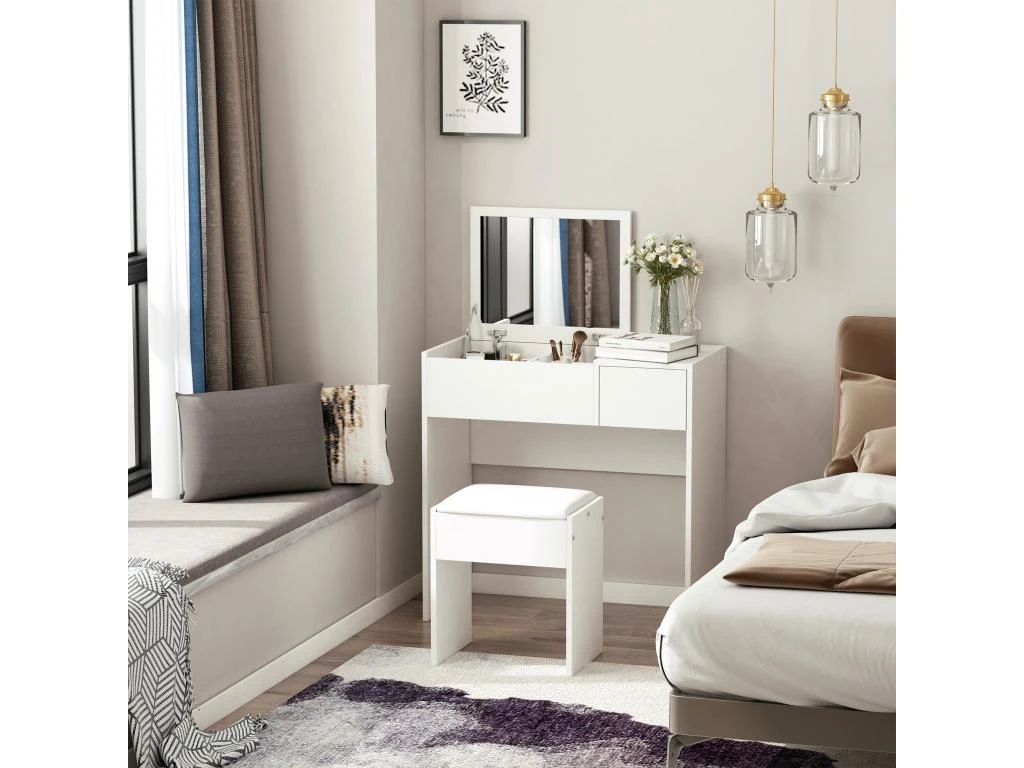 Coiffeuse Table De Maquillage Design Contemporain 80L X 40l X 79H Cm Miroir Escamotable, Tiroir, Coffre + Tabouret Blanc 3 Coiffeuse Table De Maquillage Design Contemporain 80L X 40l X 79H Cm Miroir Escamotable, Tiroir, Coffre + Tabouret Blanc