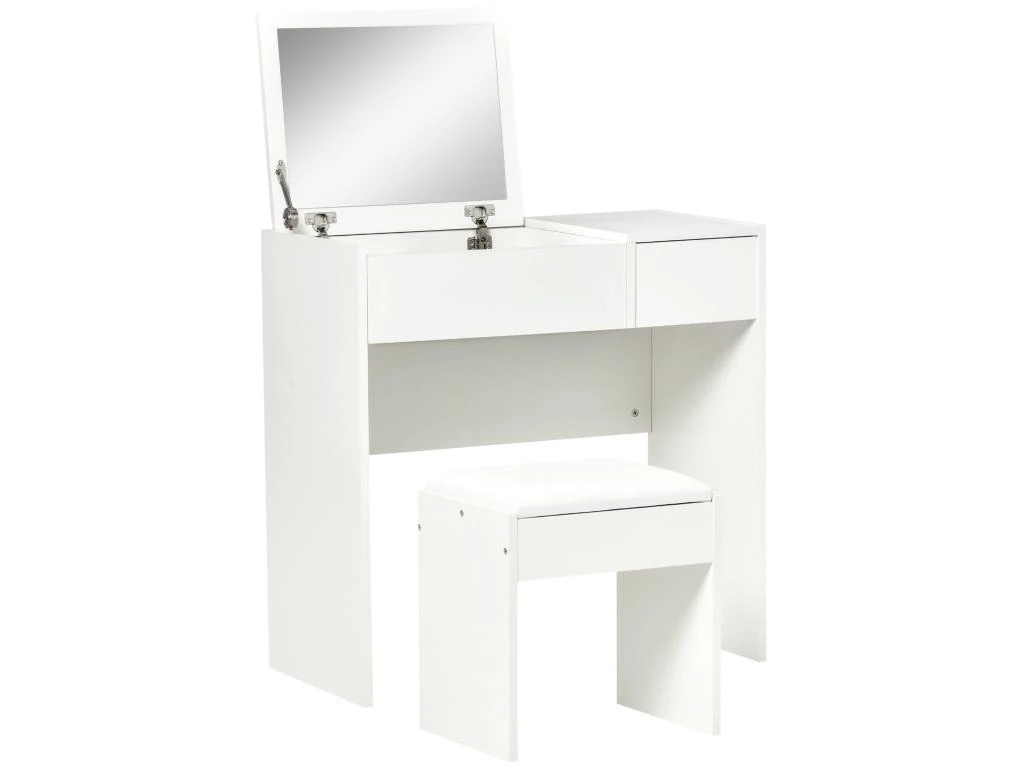Coiffeuse Table De Maquillage Design Contemporain 80L X 40l X 79H Cm Miroir Escamotable, Tiroir, Coffre + Tabouret Blanc 4 Coiffeuse Table De Maquillage Design Contemporain 80L X 40l X 79H Cm Miroir Escamotable, Tiroir, Coffre + Tabouret Blanc – Image 2