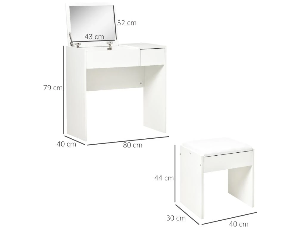 Coiffeuse Table De Maquillage Design Contemporain 80L X 40l X 79H Cm Miroir Escamotable, Tiroir, Coffre + Tabouret Blanc 5 Coiffeuse Table De Maquillage Design Contemporain 80L X 40l X 79H Cm Miroir Escamotable, Tiroir, Coffre + Tabouret Blanc – Image 3