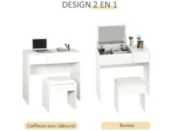 Coiffeuse Table De Maquillage Design Contemporain 80L X 40l X 79H Cm Miroir Escamotable, Tiroir, Coffre + Tabouret Blanc 10 Coiffeuse Table De Maquillage Design Contemporain 80L X 40l X 79H Cm Miroir Escamotable, Tiroir, Coffre + Tabouret Blanc -Meubles Soldes Boutique meuble coiffeuse 8825305