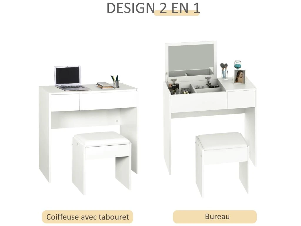 Coiffeuse Table De Maquillage Design Contemporain 80L X 40l X 79H Cm Miroir Escamotable, Tiroir, Coffre + Tabouret Blanc 6 Coiffeuse Table De Maquillage Design Contemporain 80L X 40l X 79H Cm Miroir Escamotable, Tiroir, Coffre + Tabouret Blanc – Image 4