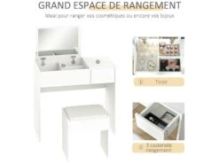 Coiffeuse Table De Maquillage Design Contemporain 80L X 40l X 79H Cm Miroir Escamotable, Tiroir, Coffre + Tabouret Blanc 11 Coiffeuse Table De Maquillage Design Contemporain 80L X 40l X 79H Cm Miroir Escamotable, Tiroir, Coffre + Tabouret Blanc -Meubles Soldes Boutique meuble coiffeuse 8825307