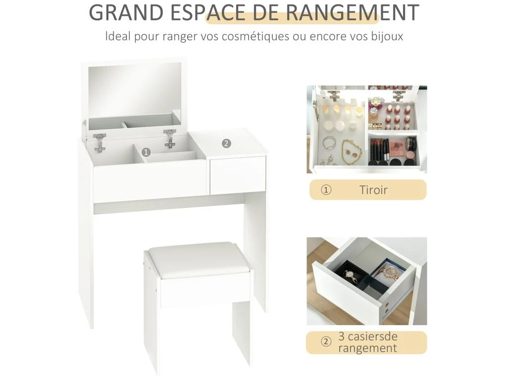 Coiffeuse Table De Maquillage Design Contemporain 80L X 40l X 79H Cm Miroir Escamotable, Tiroir, Coffre + Tabouret Blanc 7 Coiffeuse Table De Maquillage Design Contemporain 80L X 40l X 79H Cm Miroir Escamotable, Tiroir, Coffre + Tabouret Blanc – Image 5
